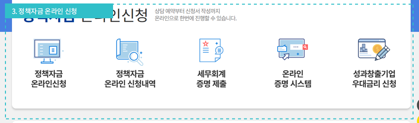 정책자금 온라인신청 주요 서비스 화면