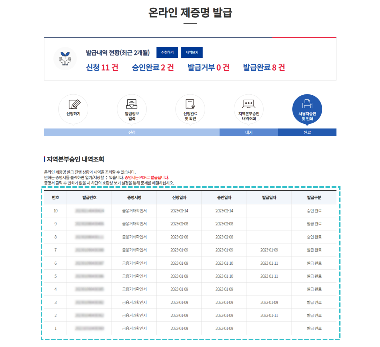 제증명 신청하기 화면